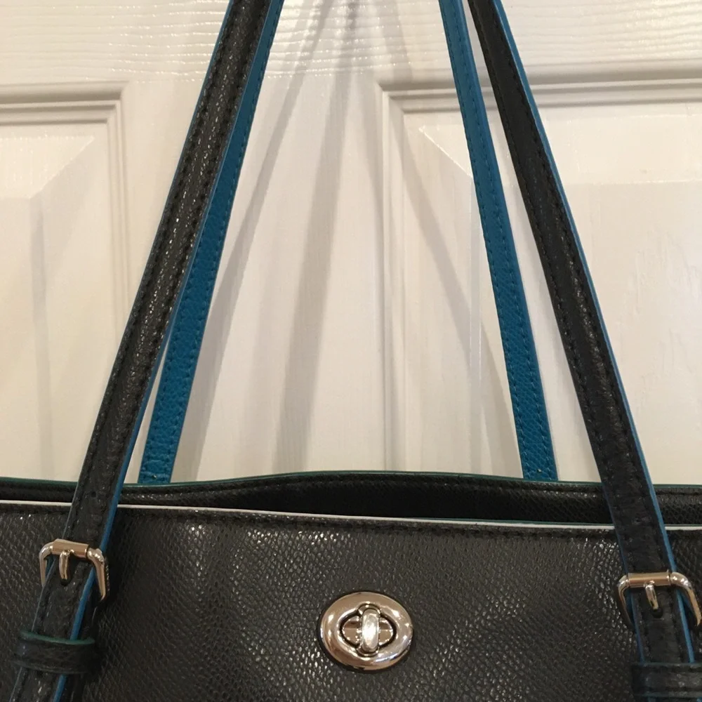 Coach Turnlock Tote bag Edgestain Leather Black Teal Turquoise L Handbag 38323 - Picture 6 of 16